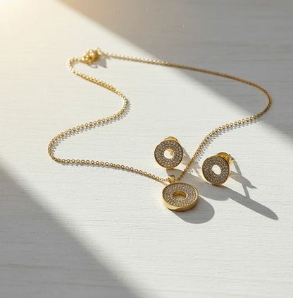 Elegant Halo Round Pendant & Stud Set